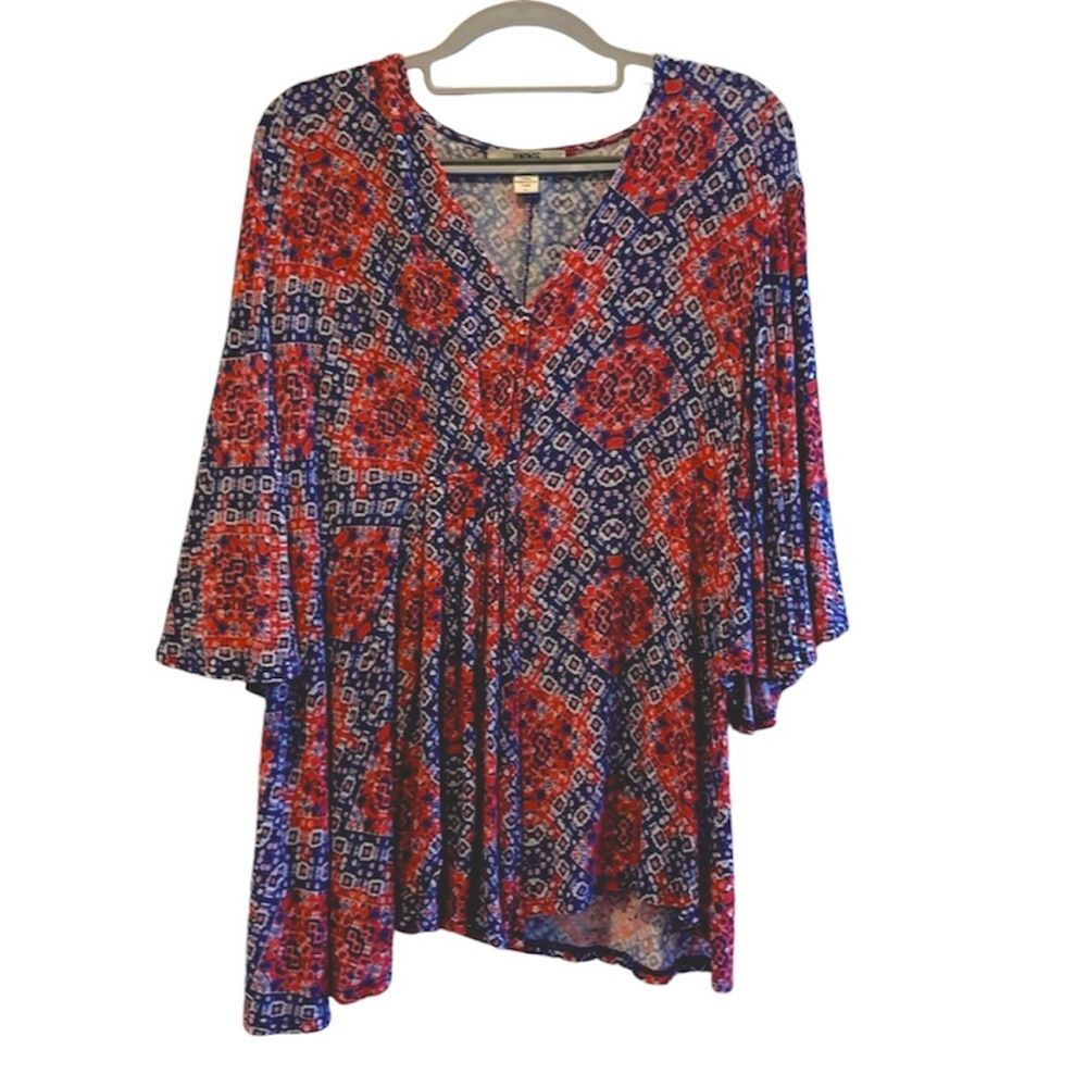 Vintage America Boho Peek-a-Boo Bell Sleeve V-Neck Blouse Red & Blue Size‎ Large - Picture 2 of 8
